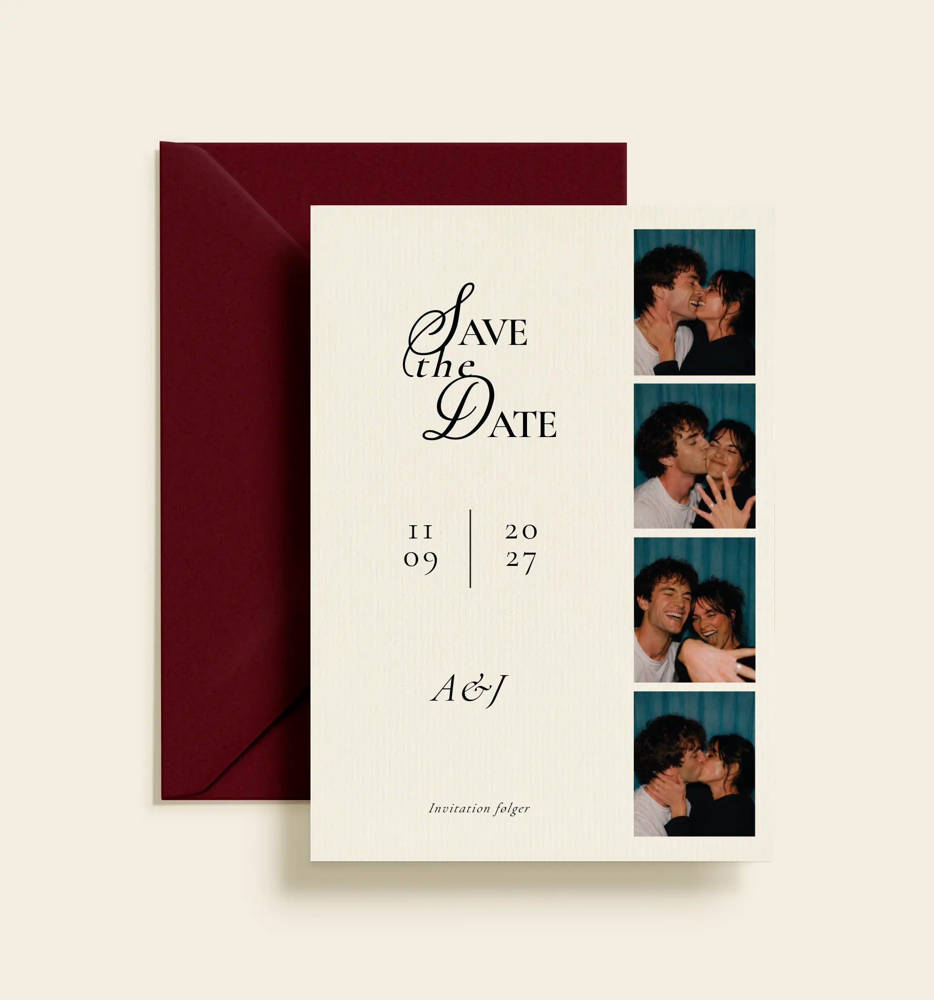 Personlig Save the Date til bryllup med fotostribe, egne billeder og elegant typografi.