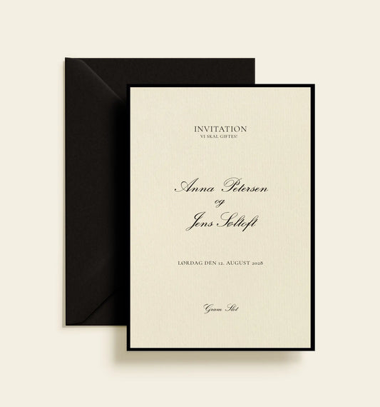 Anna & Jens Bryllup – klassisk og minimalistisk bryllupsinvitation med elegant typografi, redigerbar i Corjl.