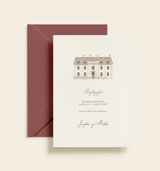 Bryllupsinvitation til Bandholm Badehotel med håndtegnet illustration af badehotellet og klassisk typografi.