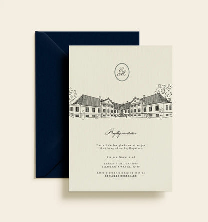 Bryllupsinvitation til Broløkke Herregård med håndtegnet illustration af herregården og personligt monogram.
