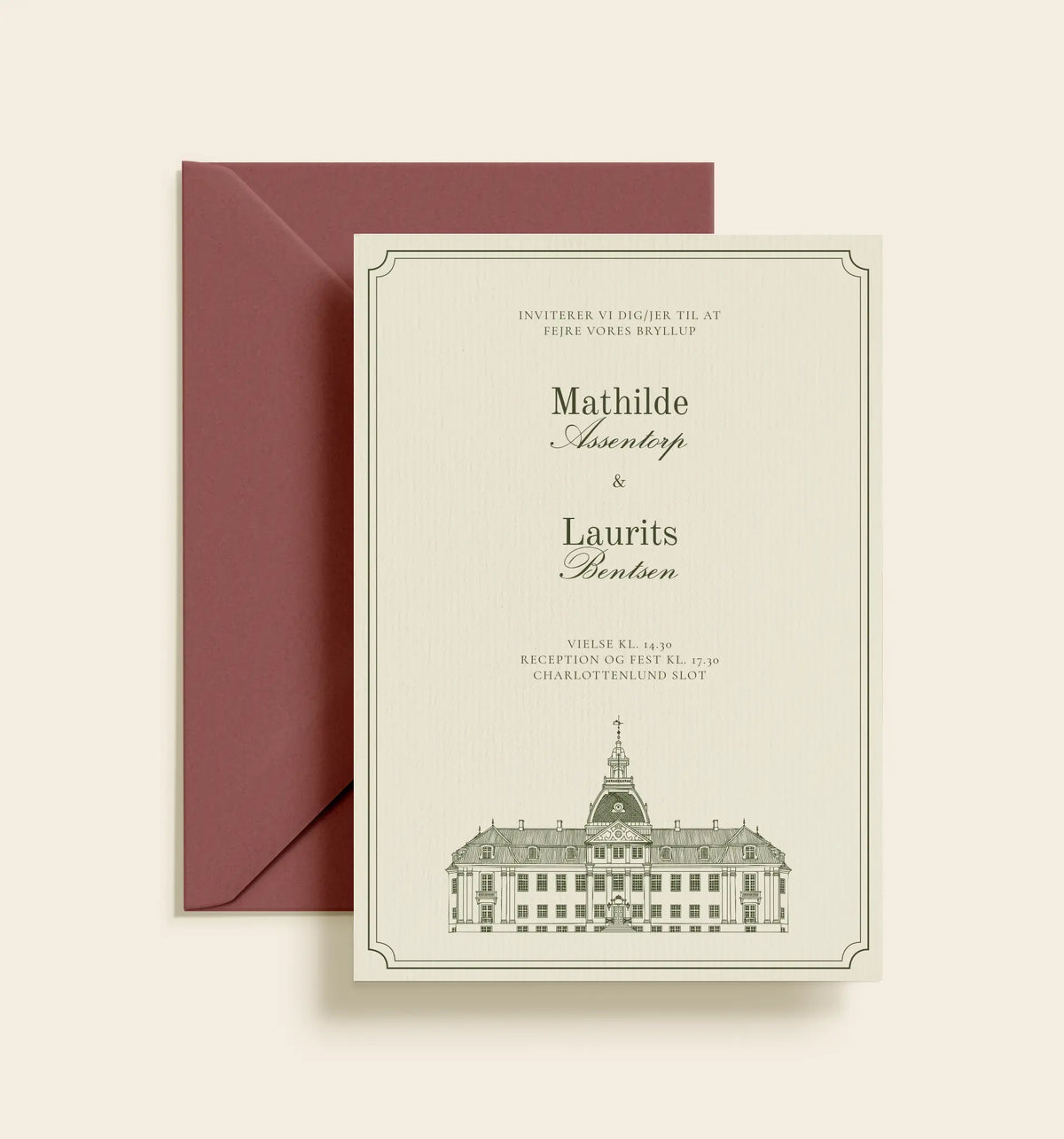 Bryllupsinvitation med illustration af Charlottenlund Slot, klassisk typografi og dekorativ ramme.