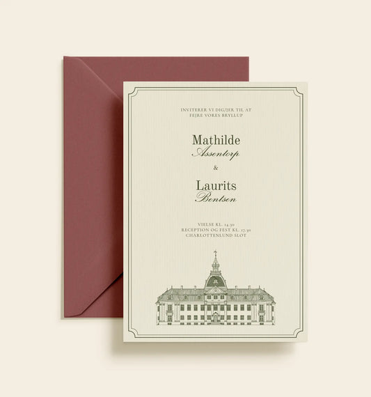 Bryllupsinvitation med illustration af Charlottenlund Slot, klassisk typografi og dekorativ ramme.