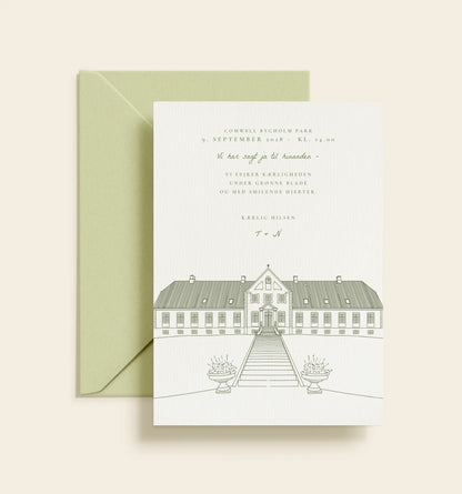 Bryllupsinvitation med grøn håndtegnet illustration af Comwell Bygholm Park, grøn typografi og matchende lysegrøn kuvert.