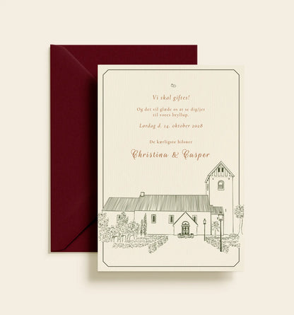 Bryllupsinvitation med håndtegnet illustration af Gjellerup Kirke og elegant typografi.