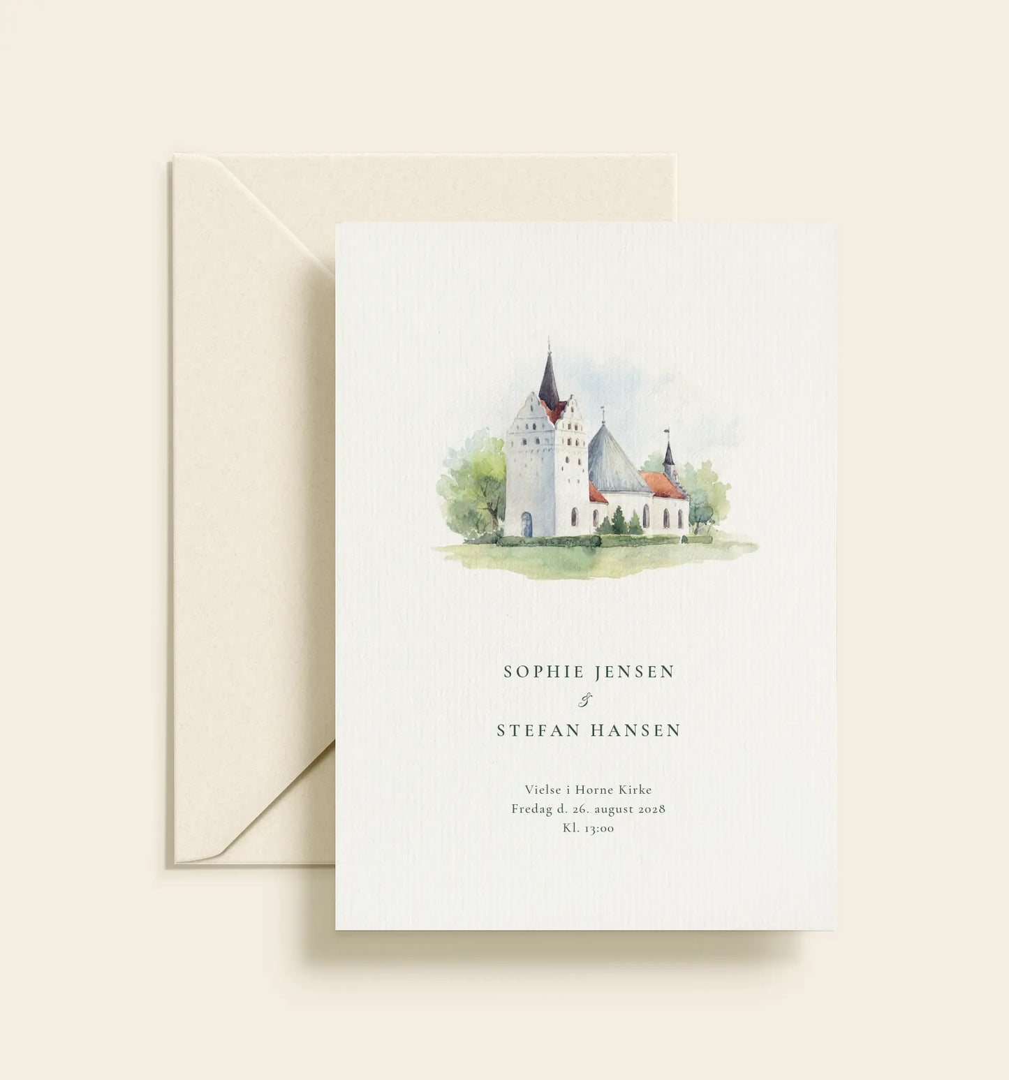 Bryllupsinvitation med akvarelillustration af Horne Kirke og klassisk grøn typografi.