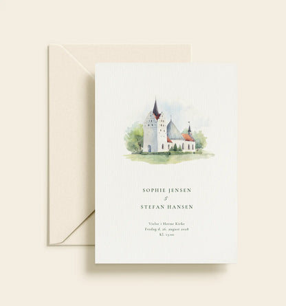 Bryllupsinvitation med akvarelillustration af Horne Kirke og klassisk grøn typografi.