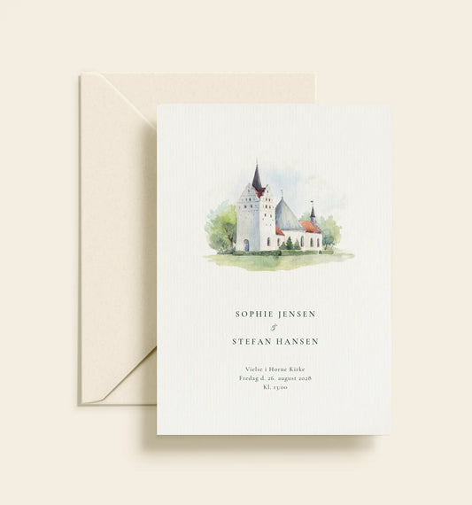 Bryllupsinvitation med akvarelillustration af Horne Kirke og klassisk grøn typografi.