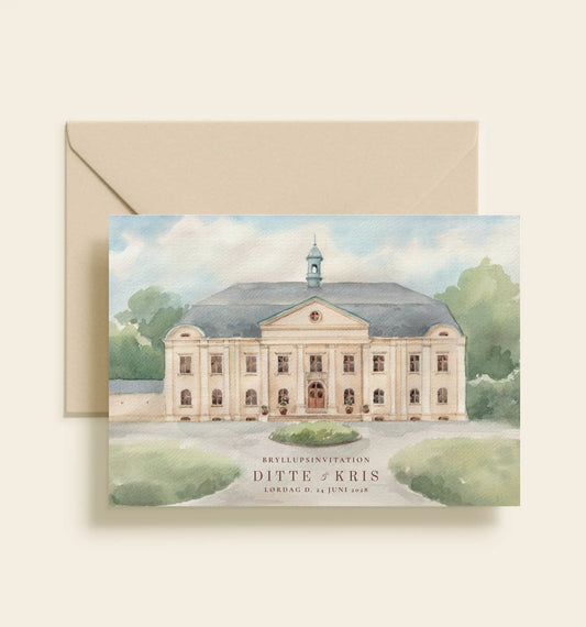 Bryllupsinvitation til Maryhill Estate med akvarelillustration af den herskabelige bygning og grønne omgivelser.