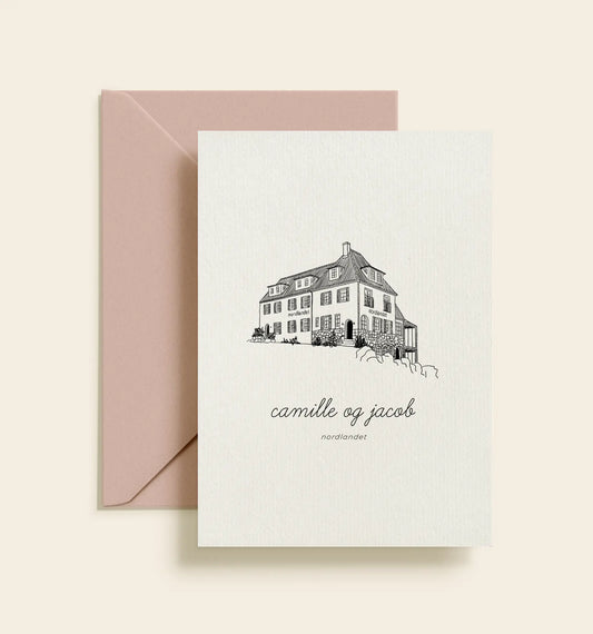 Nordlandet Bornholm bryllupsinvitation med håndtegnet illustration – INK Saloon