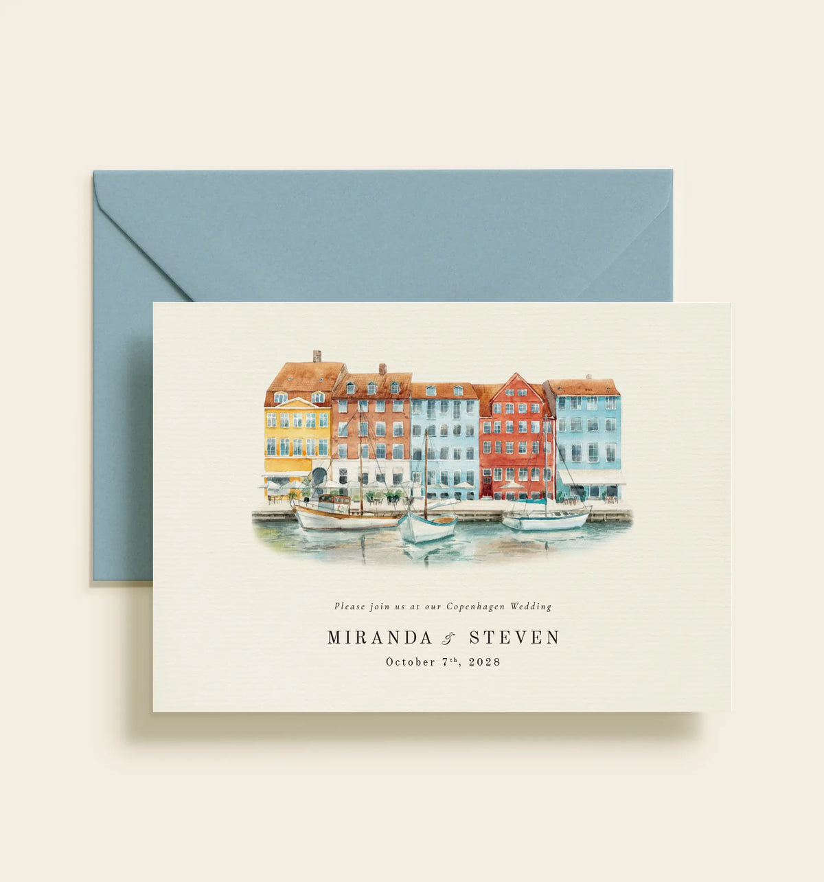 Wedding invitation featuring a watercolor painting of Nyhavn’s colorful houses and boats in Copenhagen.