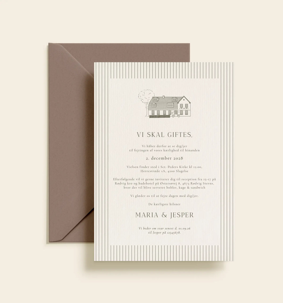 Bryllupsinvitation til Rødvig Kro & Badehotel med håndtegnet illustration af kroen og elegant, klassisk design.